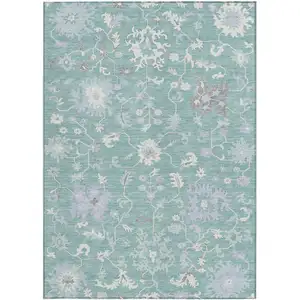 Photo of Pale Aqua Ivory And Gray Floral Washable Indoor Outdoor Area Rug