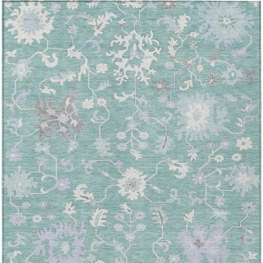 Pale Aqua Ivory And Gray Floral Washable Indoor Outdoor Area Rug Photo 9