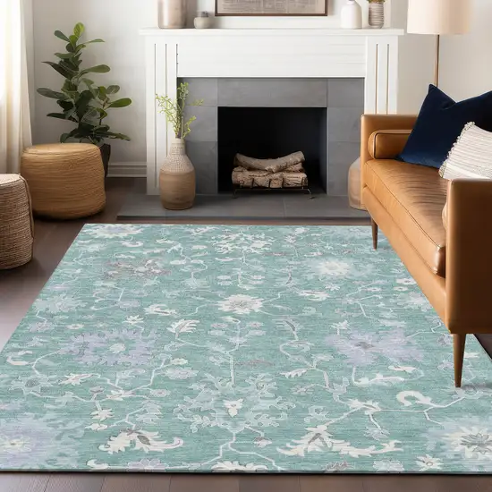 Pale Aqua Ivory And Gray Floral Washable Indoor Outdoor Area Rug Photo 5