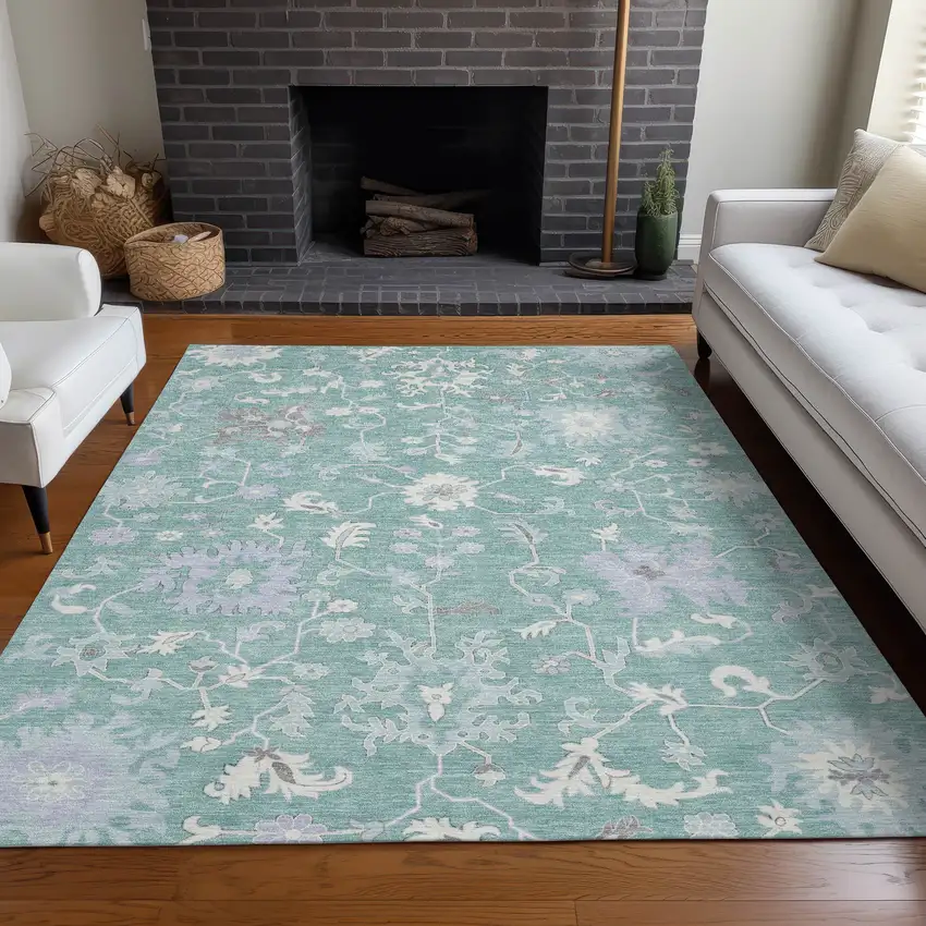 Pale Aqua Ivory And Gray Floral Washable Indoor Outdoor Area Rug Photo 6
