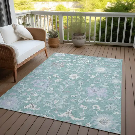 Pale Aqua Ivory And Gray Floral Washable Indoor Outdoor Area Rug Photo 4
