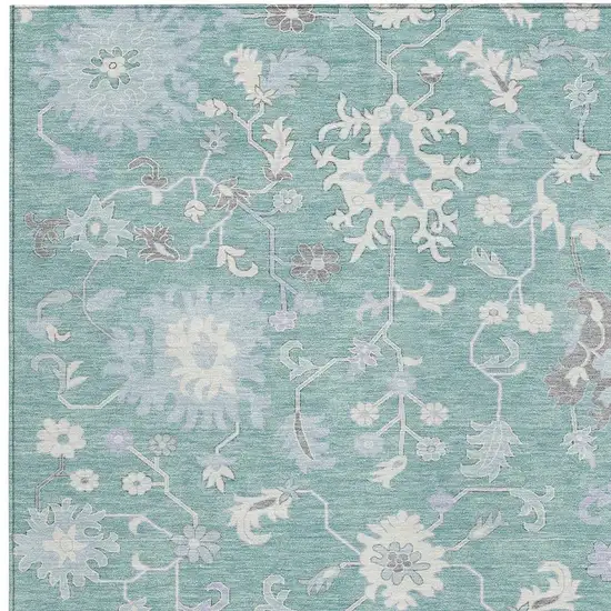 Pale Aqua Ivory And Gray Floral Washable Indoor Outdoor Area Rug Photo 3