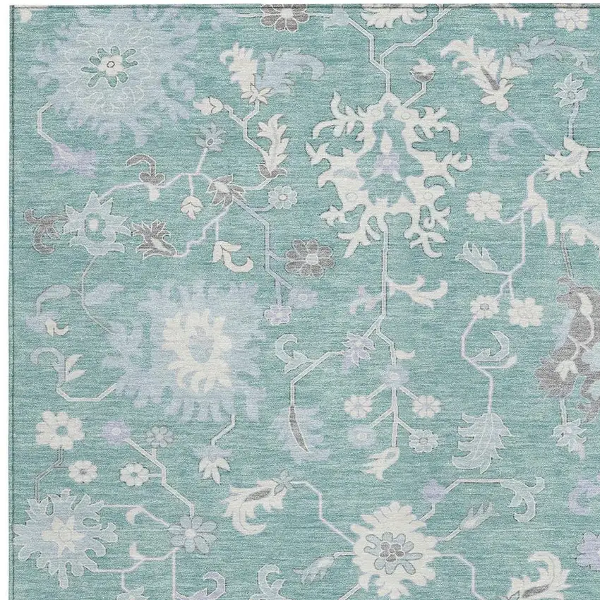 Pale Aqua Ivory And Gray Floral Washable Indoor Outdoor Area Rug Photo 3