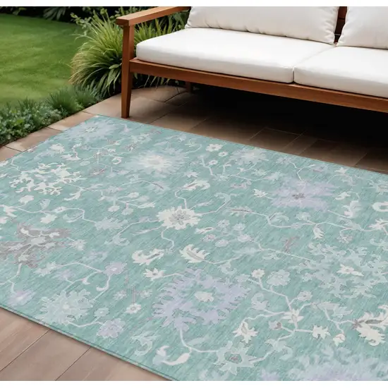 Pale Aqua Ivory And Gray Floral Washable Indoor Outdoor Area Rug Photo 2