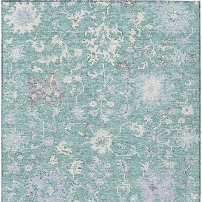 Pale Aqua Ivory And Gray Floral Washable Indoor Outdoor Area Rug Photo 4