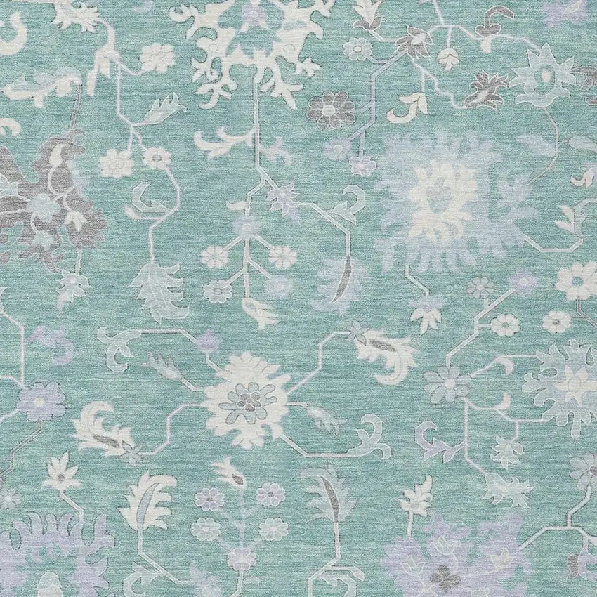 Pale Aqua Ivory And Gray Floral Washable Indoor Outdoor Area Rug Photo 3
