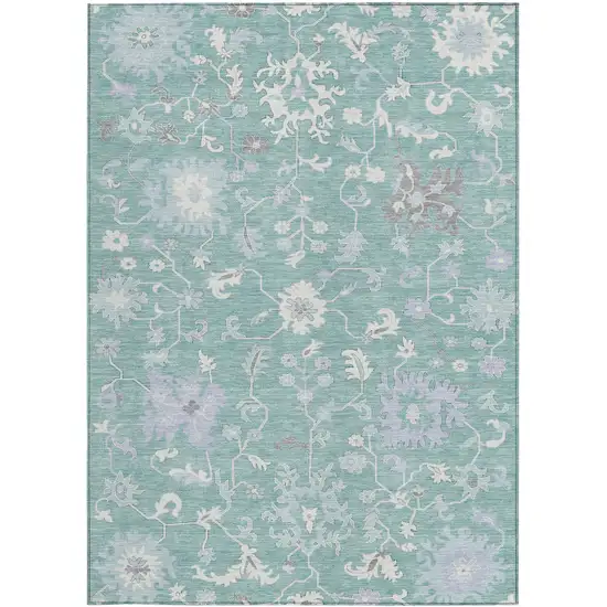 Pale Aqua Ivory And Gray Floral Washable Indoor Outdoor Area Rug Photo 4