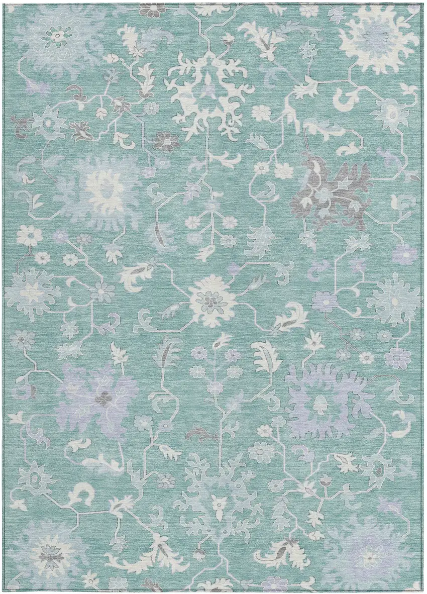 Pale Aqua Ivory And Gray Floral Washable Indoor Outdoor Area Rug Photo 4