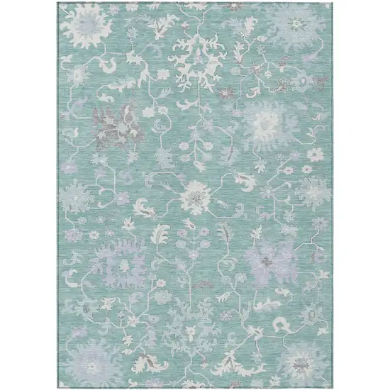 Pale Aqua Ivory And Gray Floral Washable Indoor Outdoor Area Rug Photo 1