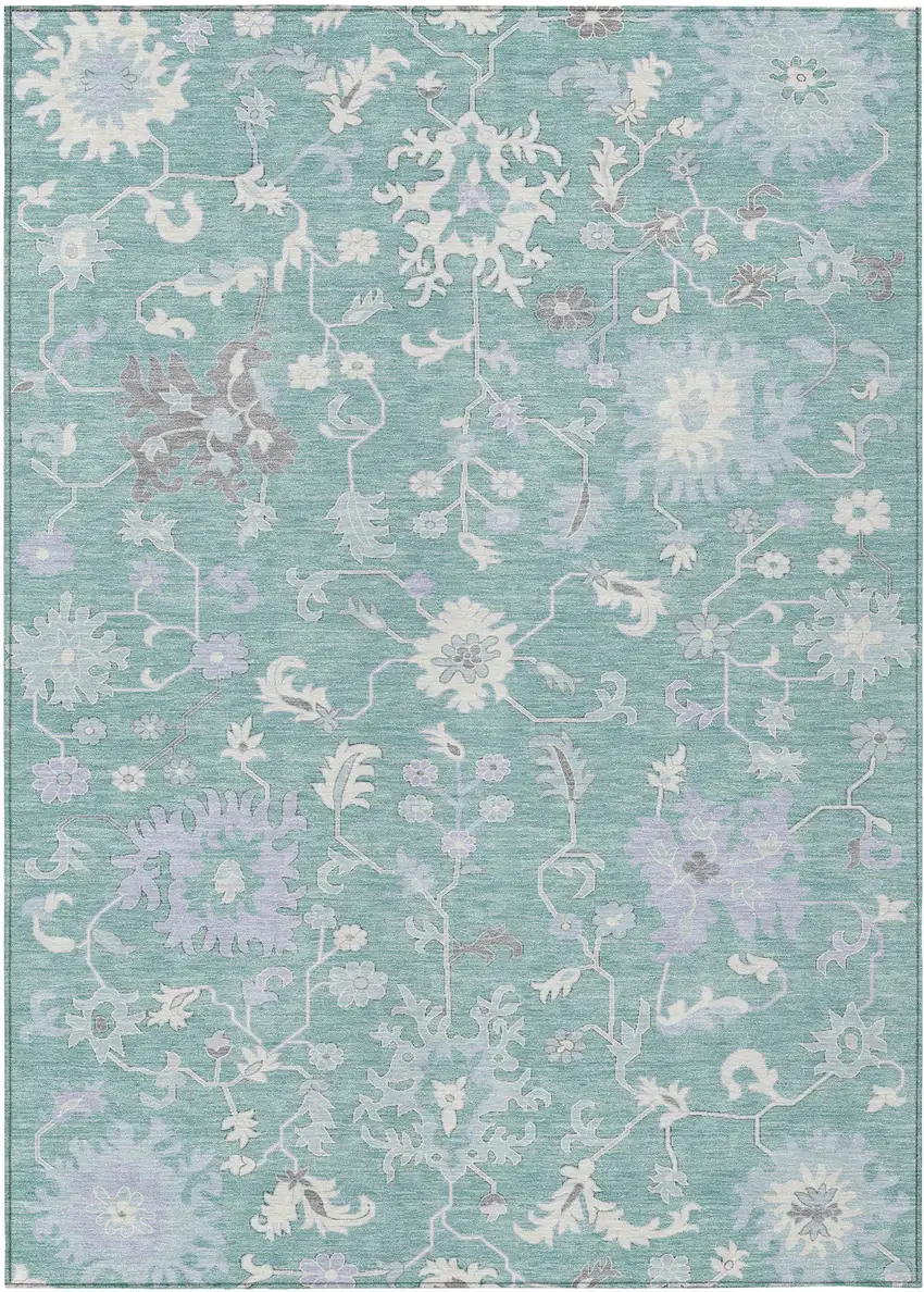 Pale Aqua Ivory And Gray Floral Washable Indoor Outdoor Area Rug Photo 1