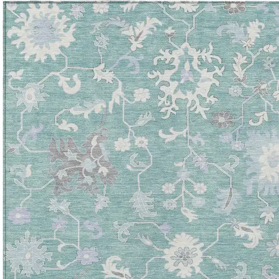 Pale Aqua Ivory And Gray Floral Washable Indoor Outdoor Area Rug Photo 3