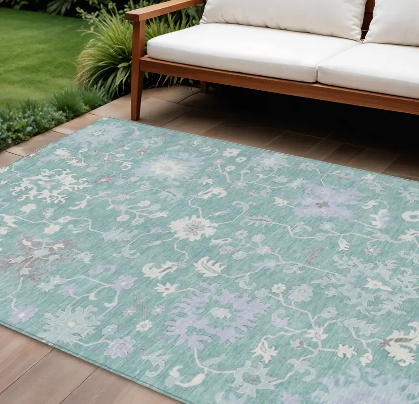 Pale Aqua Ivory And Gray Floral Washable Indoor Outdoor Area Rug Photo 2