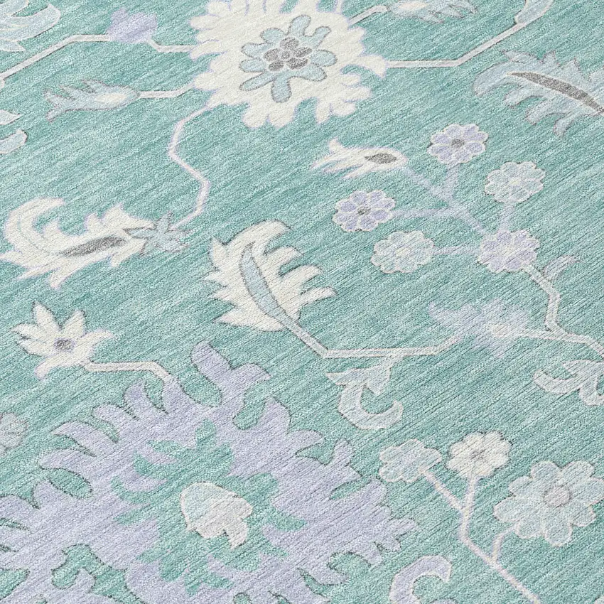 Pale Aqua Ivory And Gray Floral Washable Indoor Outdoor Area Rug Photo 9