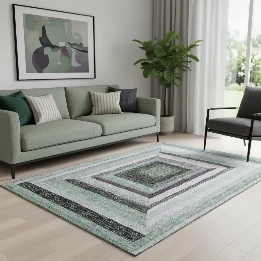 Pale Aqua Ivory And Gray Geometric Washable Area Rug With UV Protection Photo 2