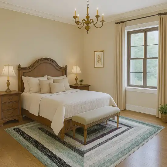 Pale Aqua Ivory And Gray Geometric Washable Area Rug With UV Protection Photo 6