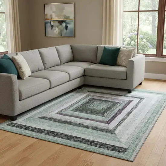 Pale Aqua Ivory And Gray Geometric Washable Area Rug With UV Protection Photo 2