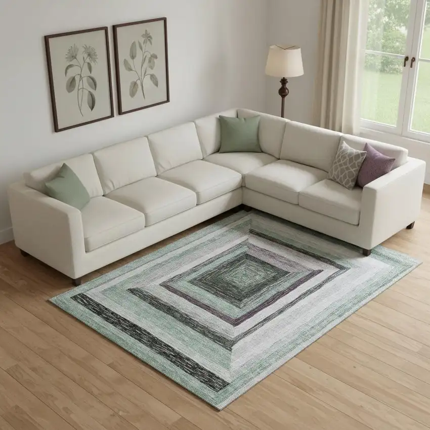 Pale Aqua Ivory And Gray Geometric Washable Area Rug With UV Protection Photo 2