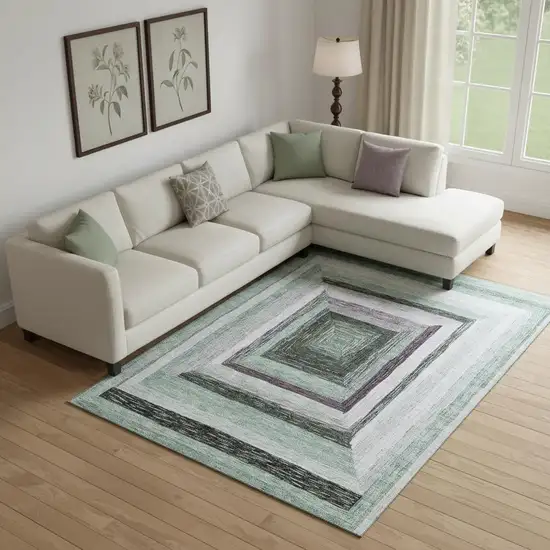 Pale Aqua Ivory And Gray Geometric Washable Area Rug With UV Protection Photo 2