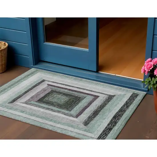 Pale Aqua Ivory And Gray Geometric Washable Indoor Outdoor Area Rug Photo 2