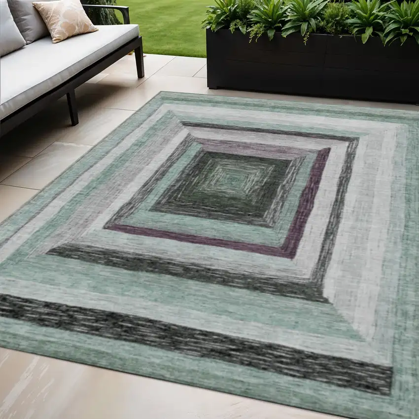 Pale Aqua Ivory And Gray Geometric Washable Indoor Outdoor Area Rug Photo 2