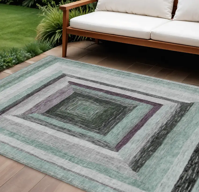 Pale Aqua Ivory And Gray Geometric Washable Indoor Outdoor Area Rug Photo 2