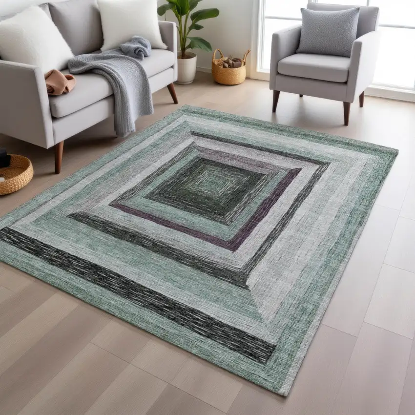 Pale Aqua Ivory And Gray Geometric Washable Indoor Outdoor Area Rug Photo 6