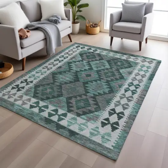 Pale Aqua Ivory And Gray Tribal Washable Indoor Outdoor Area Rug Photo 6