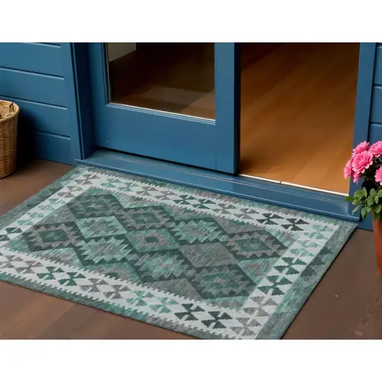 Pale Aqua Ivory And Gray Tribal Washable Indoor Outdoor Area Rug Photo 2