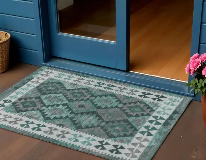 Pale Aqua Ivory And Gray Tribal Washable Indoor Outdoor Area Rug Photo 2