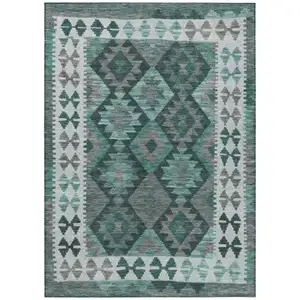 Photo of Pale Aqua Ivory And Gray Tribal Washable Indoor Outdoor Area Rug