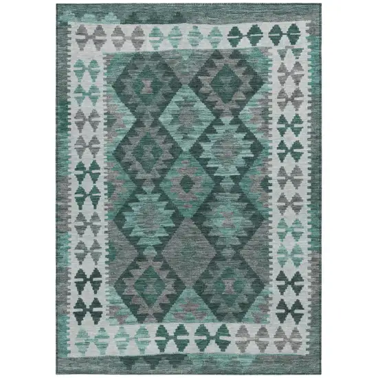 Pale Aqua Ivory And Gray Tribal Washable Indoor Outdoor Area Rug Photo 4