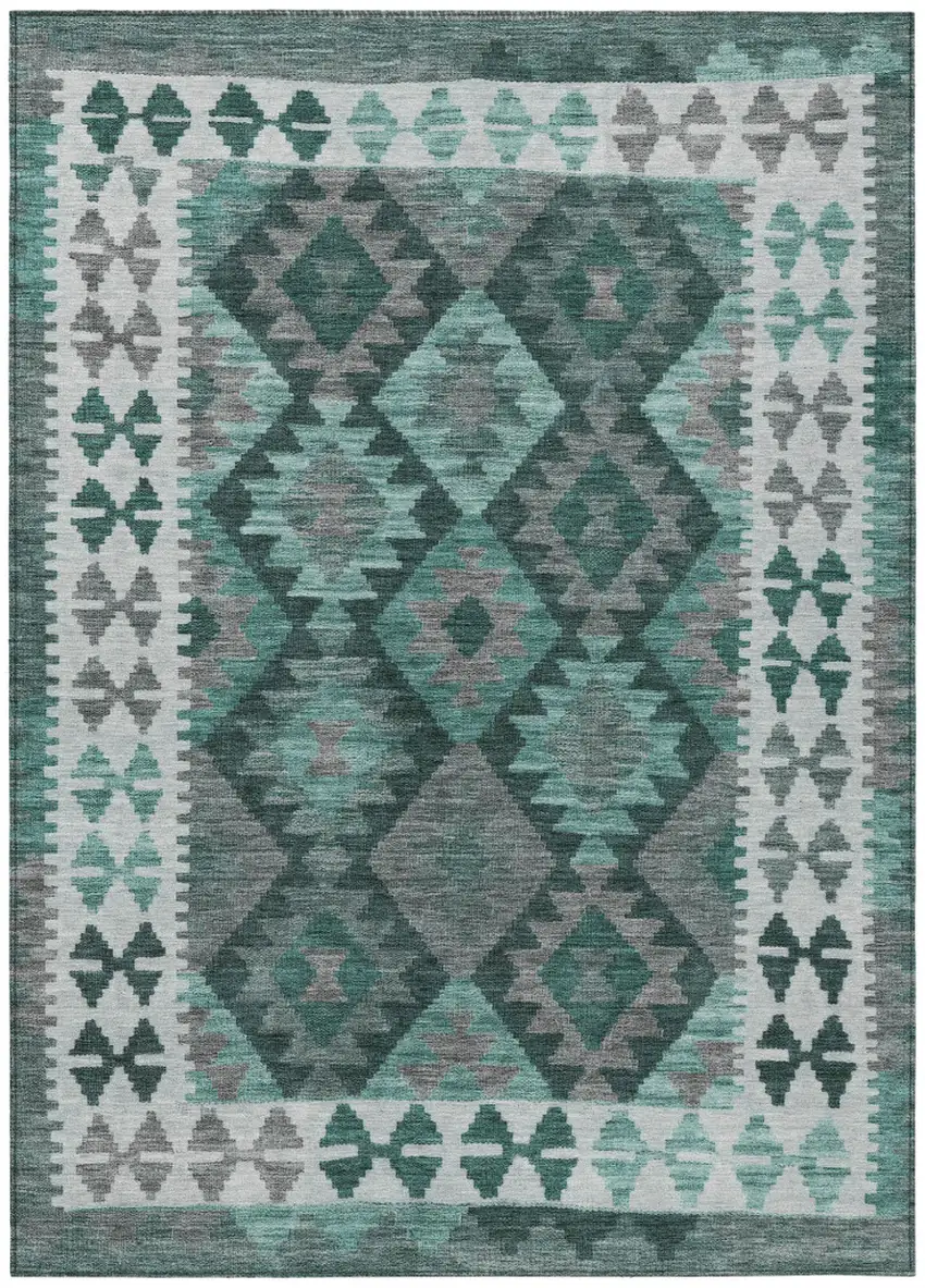 Pale Aqua Ivory And Gray Tribal Washable Indoor Outdoor Area Rug Photo 1