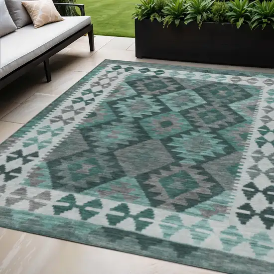 Pale Aqua Ivory And Gray Tribal Washable Indoor Outdoor Area Rug Photo 2