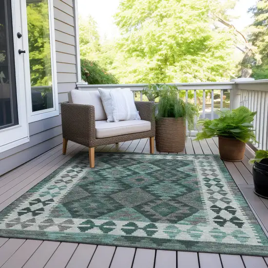 Pale Aqua Ivory And Gray Tribal Washable Indoor Outdoor Area Rug Photo 8