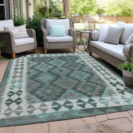 Pale Aqua Ivory And Gray Tribal Washable Indoor Outdoor Area Rug Photo 5