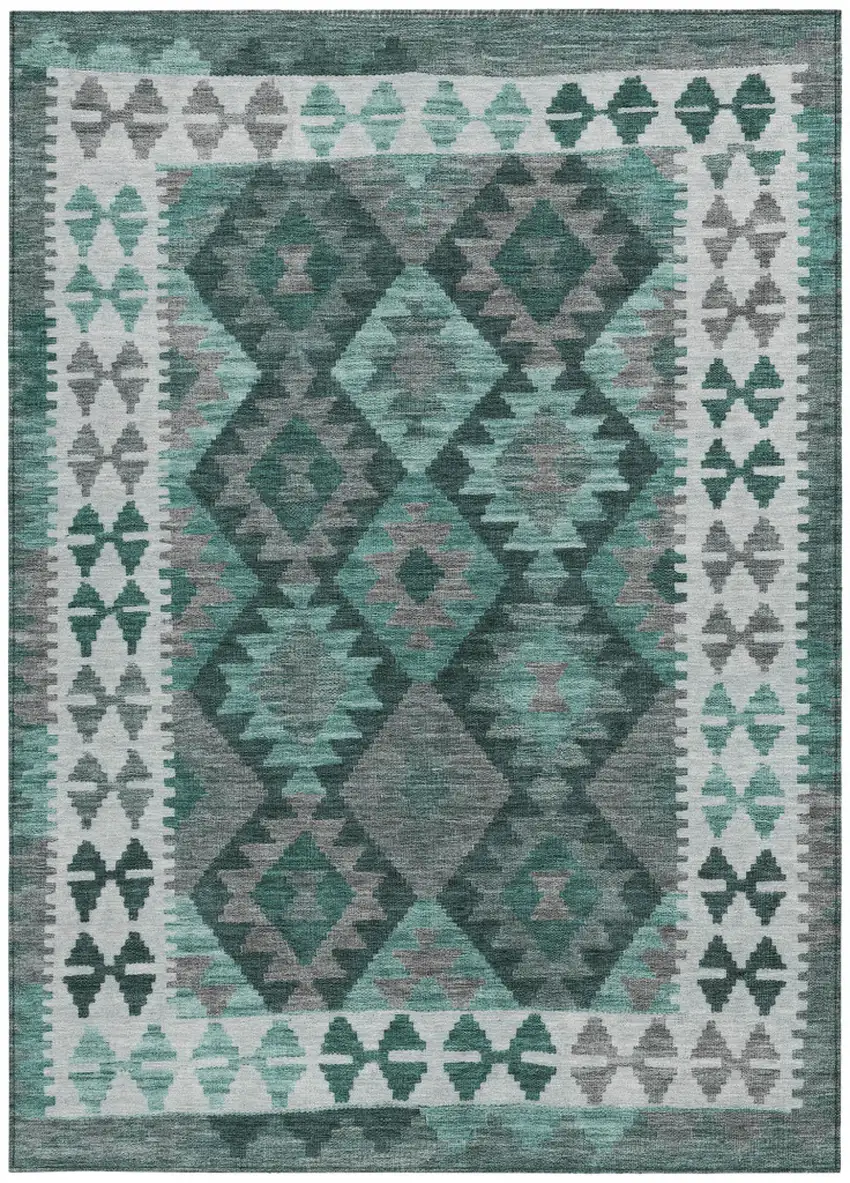 Pale Aqua Ivory And Gray Tribal Washable Indoor Outdoor Area Rug Photo 4