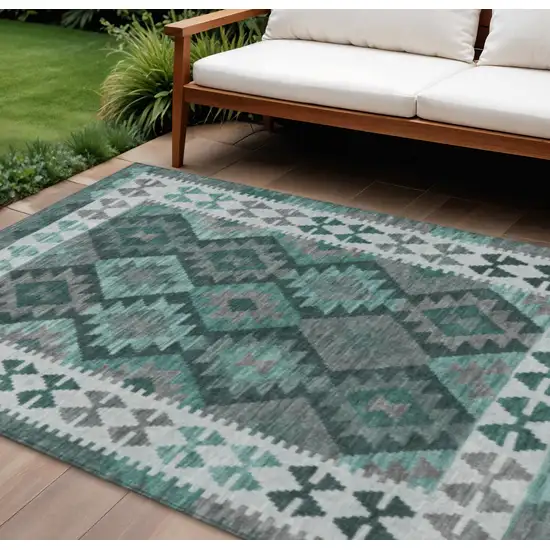 Pale Aqua Ivory And Gray Tribal Washable Indoor Outdoor Area Rug Photo 2