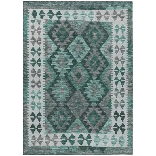 Pale Aqua Ivory And Gray Tribal Washable Indoor Outdoor Area Rug Photo 1