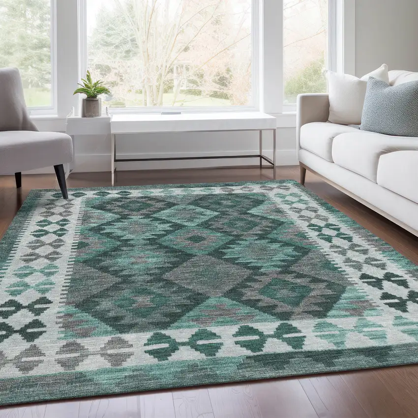 Pale Aqua Ivory And Gray Tribal Washable Indoor Outdoor Area Rug Photo 7