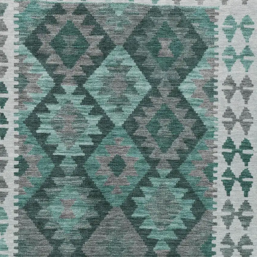 Pale Aqua Ivory And Gray Tribal Washable Indoor Outdoor Area Rug Photo 3