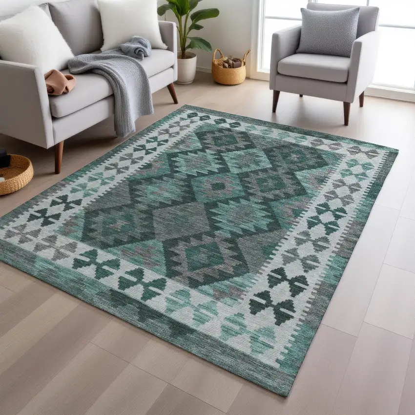 Pale Aqua Ivory And Gray Tribal Washable Indoor Outdoor Area Rug Photo 6