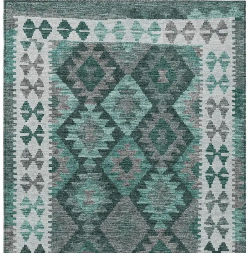 Pale Aqua Ivory And Gray Tribal Washable Indoor Outdoor Area Rug Photo 4
