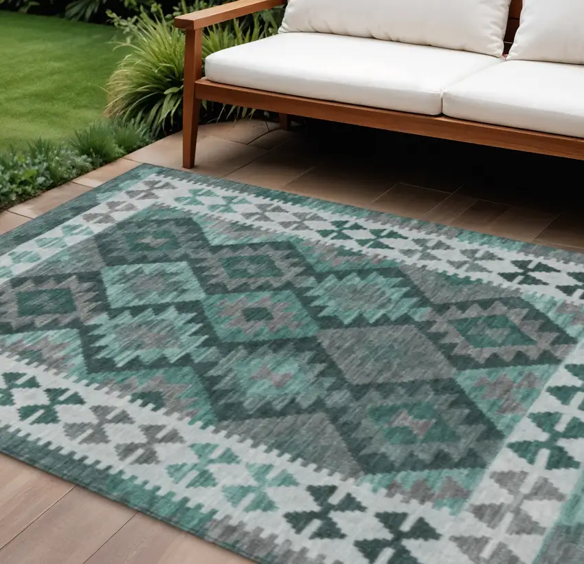 Pale Aqua Ivory And Gray Tribal Washable Indoor Outdoor Area Rug Photo 2