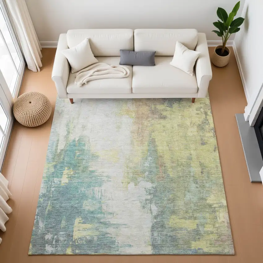 Pale Aqua Ivory And Teal Abstract Washable Area Rug With UV Protection Photo 5