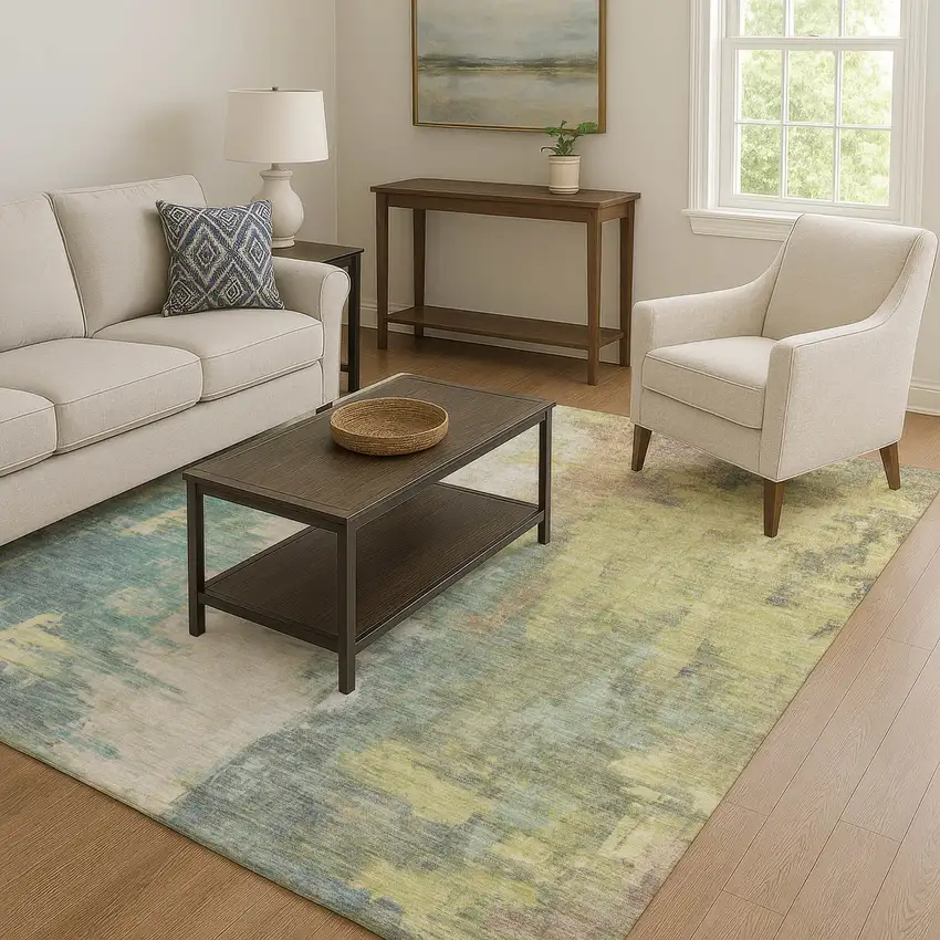 Pale Aqua Ivory And Teal Abstract Washable Area Rug With UV Protection Photo 6