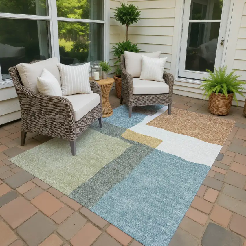 Pale Aqua Ivory And Terra Cotta Abstract Washable Indoor Outdoor Area Rug Photo 3