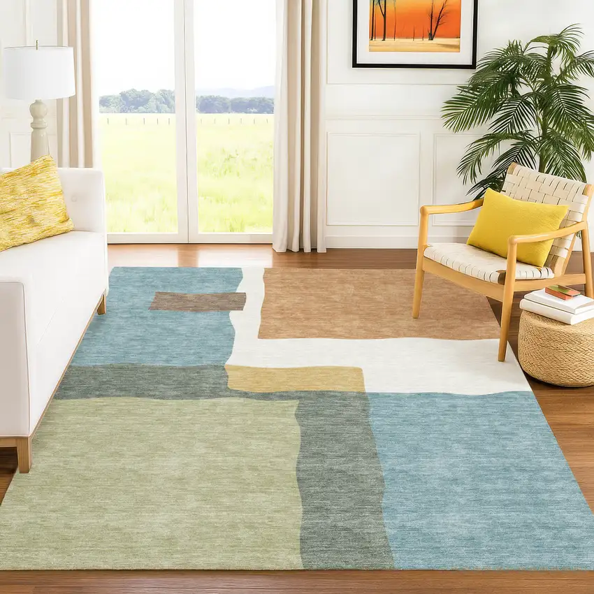 Pale Aqua Ivory And Terra Cotta Abstract Washable Indoor Outdoor Area Rug Photo 5