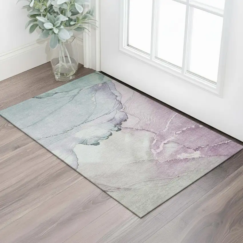 Pale Aqua Lavender And Ivory Abstract Washable Area Rug With UV Protection Photo 2