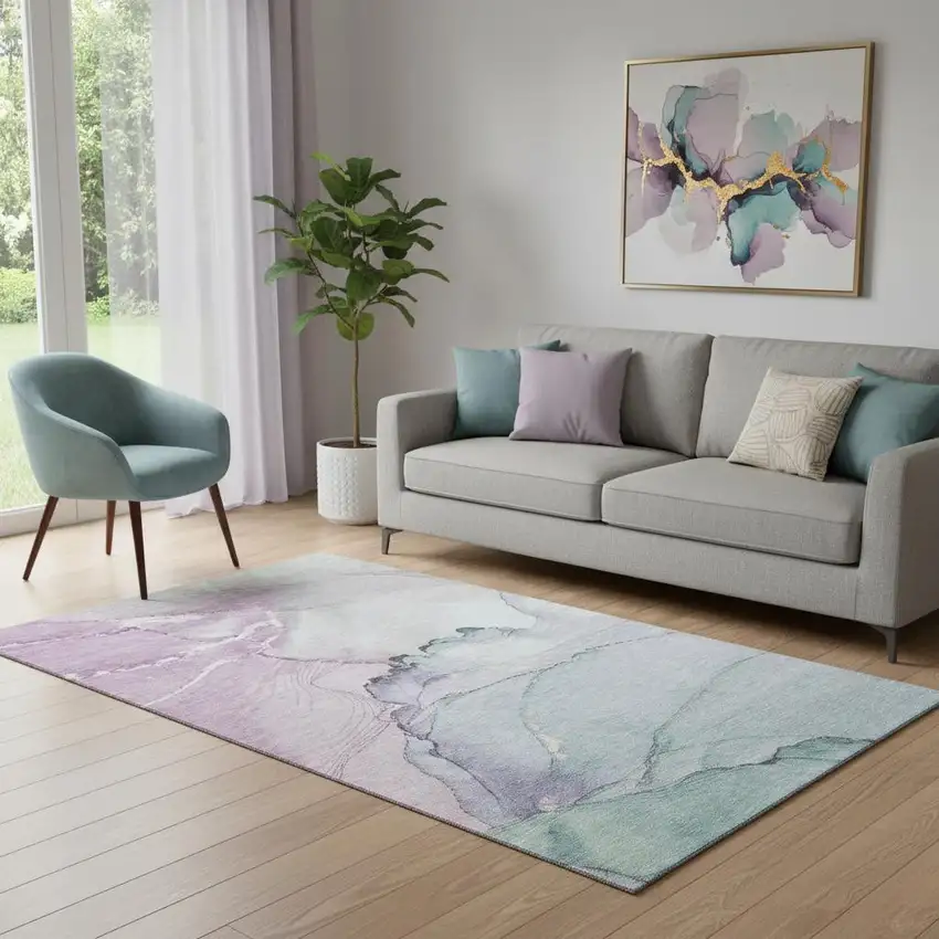 Pale Aqua Lavender And Ivory Abstract Washable Area Rug With UV Protection Photo 2
