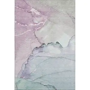 Photo of Pale Aqua Lavender And Ivory Abstract Washable Area Rug With UV Protection